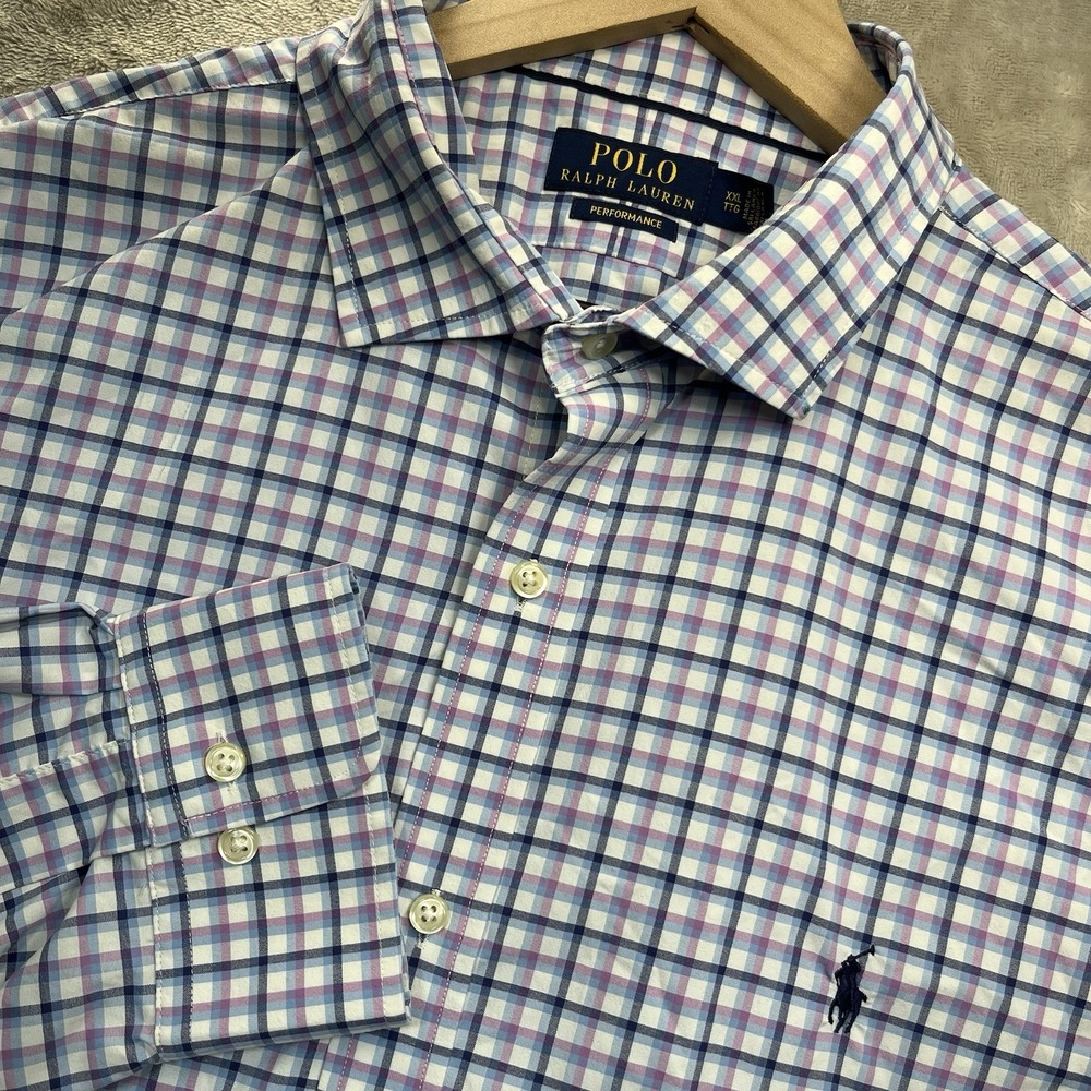 Polo Ralph Lauren Shirt Mens 2XL Blue Pink Plaid Performance Long Sleeve